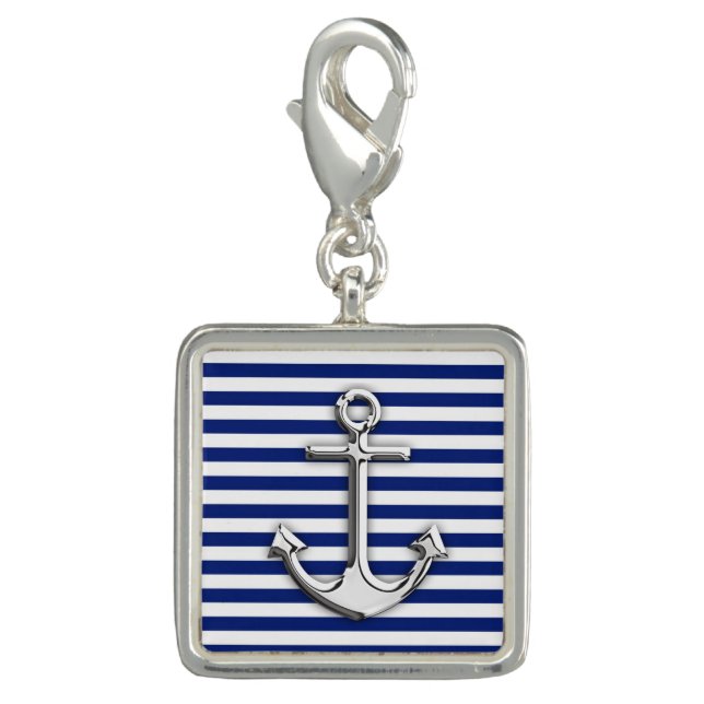Chrome Anchor on Navy Stripes Charm (Front)