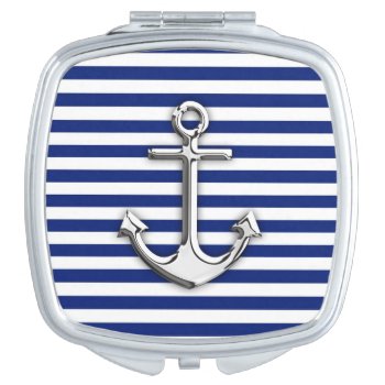Chrome Anchor On Navy Stripes Compact Mirror by CaptainShoppe at Zazzle
