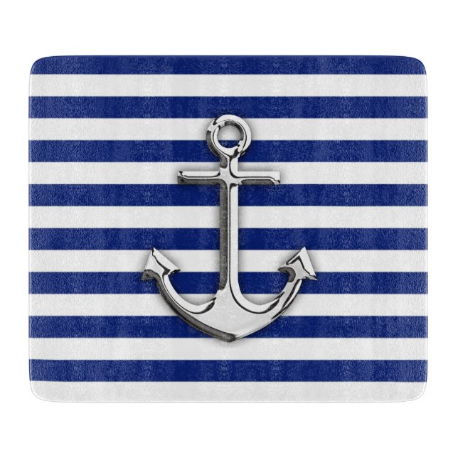 Chrome Anchor on Navy Stripes Cutting Board (Front)