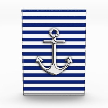 Chrome Anchor On Navy Stripes Decor Award by CaptainShoppe at Zazzle