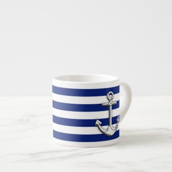 Chrome Anchor On Navy Stripes Espresso Cup by CaptainShoppe at Zazzle