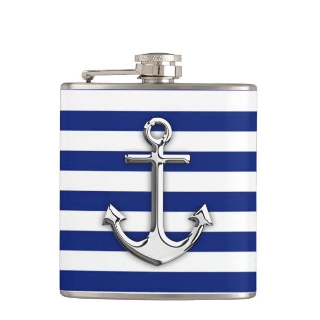 Chrome Anchor on Navy Stripes Flask (Front)