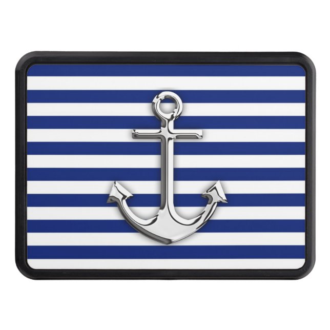 Chrome Anchor on Navy Stripes Hitch Cover (Front)