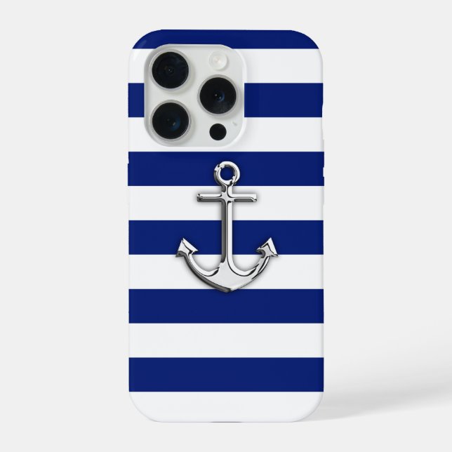Chrome Anchor on Navy Stripes iPhone Case (Back)