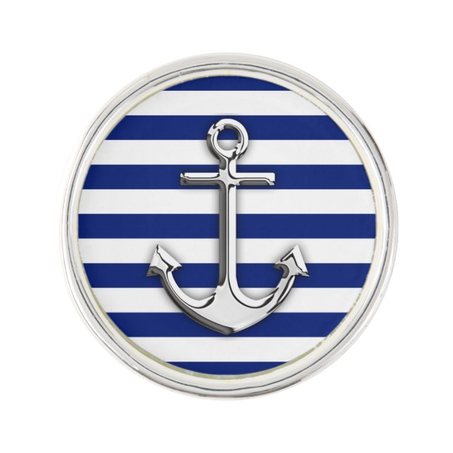 Chrome Anchor on Navy Stripes Lapel Pin (Front)