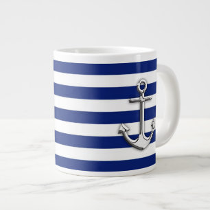 Chrome Anchor on Navy Stripes Large Coffee Mug