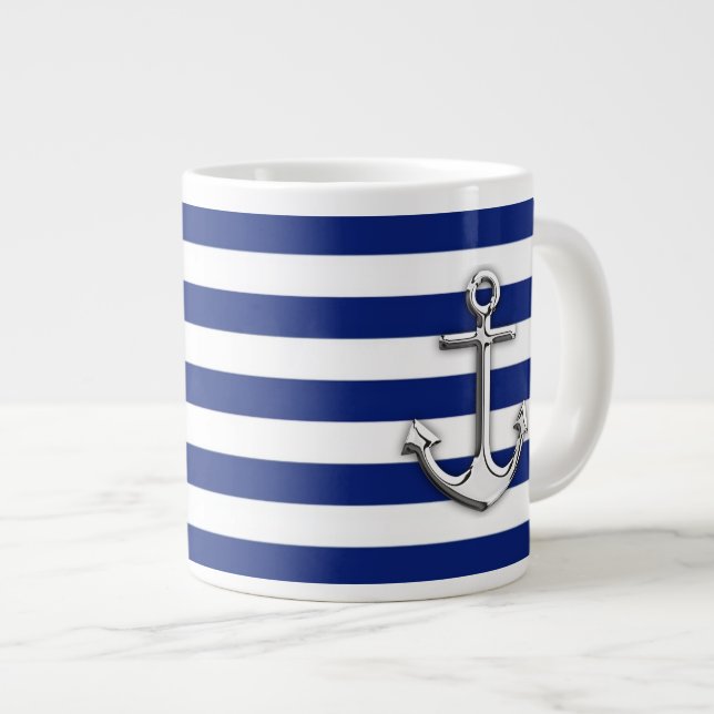 Chrome Anchor on Navy Stripes Large Coffee Mug (Front Right)
