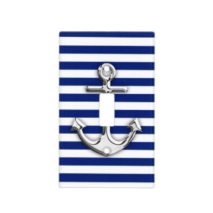 Chrome Anchor on Navy Stripes Light Switch Cover