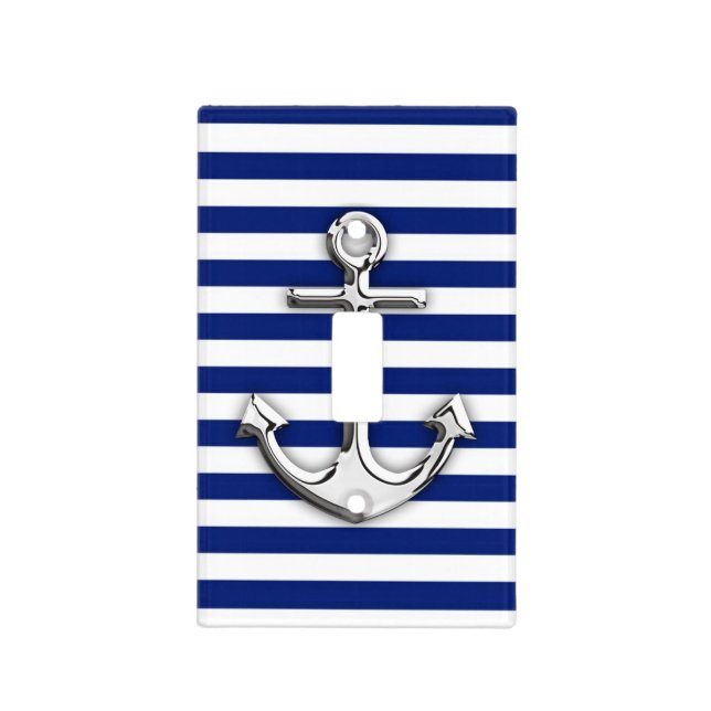 Chrome Anchor on Navy Stripes Light Switch Cover (Front)