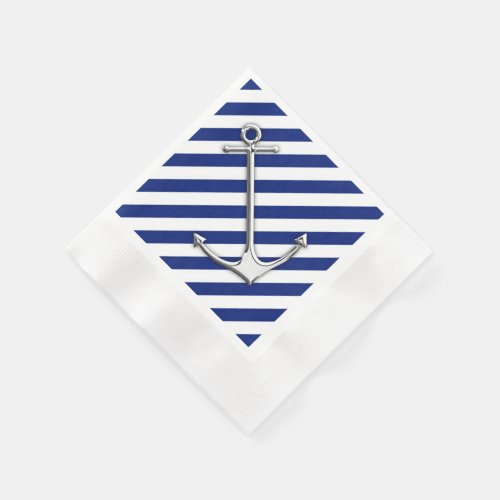 Chrome Anchor on Navy Stripes Paper Napkins