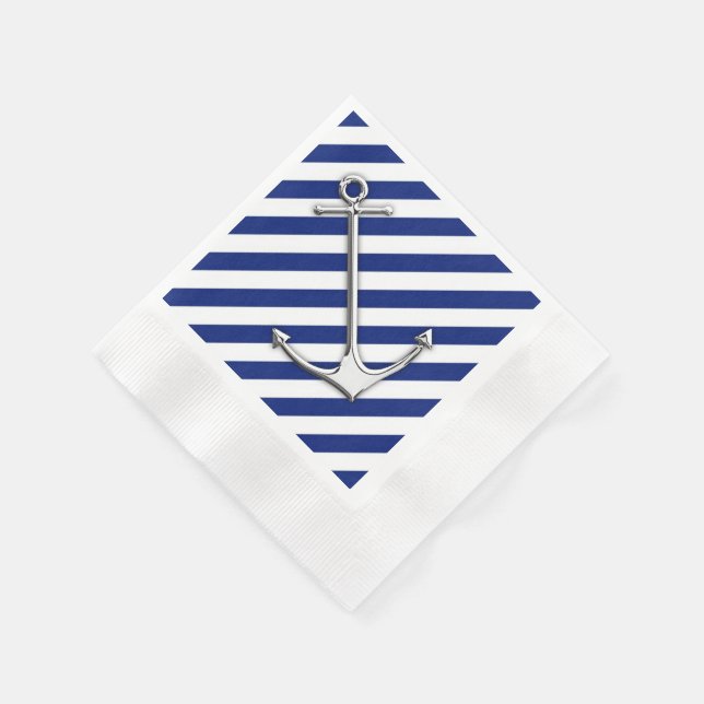Chrome Anchor on Navy Stripes Paper Napkins (Corner)