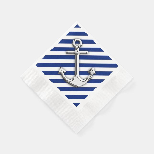 Chrome Anchor on Navy Stripes Paper Napkins (Corner)