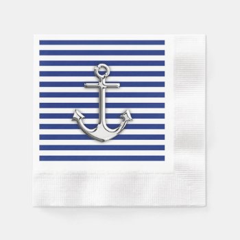 Chrome Anchor On Navy Stripes Paper Napkins by CaptainShoppe at Zazzle