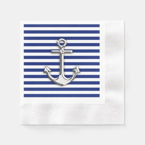 Chrome Anchor on Navy Stripes Paper Napkins