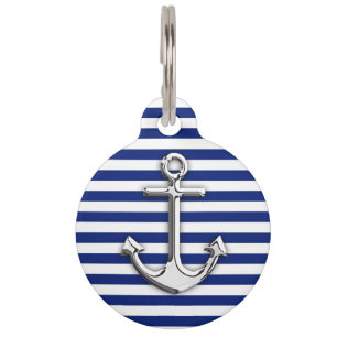 Chrome Anchor on Navy Stripes Pet ID Tag
