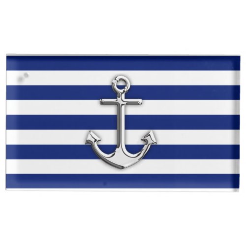Chrome Anchor on Navy Stripes Place Card Holder