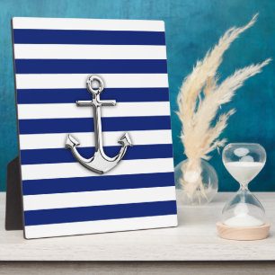 Chrome Anchor on Navy Stripes Plaque