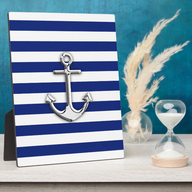 Chrome Anchor on Navy Stripes Plaque (Side)