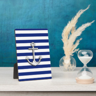 Chrome Anchor on Navy Stripes Plaque