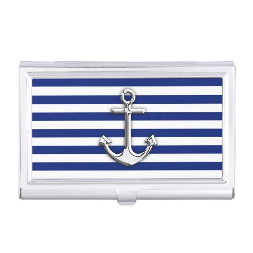 Chrome Anchor on Navy Stripes Print Case For Business Cards