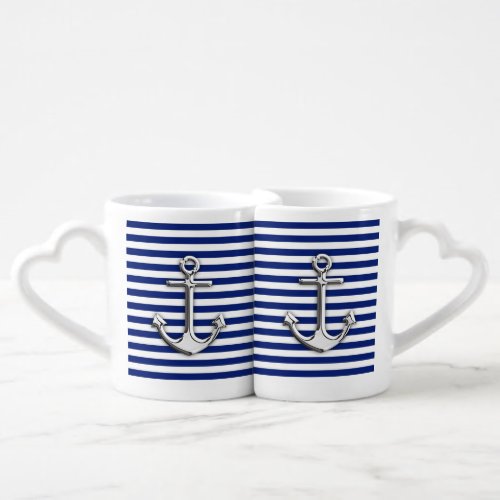 Chrome Anchor on Navy Stripes Print Coffee Mug Set