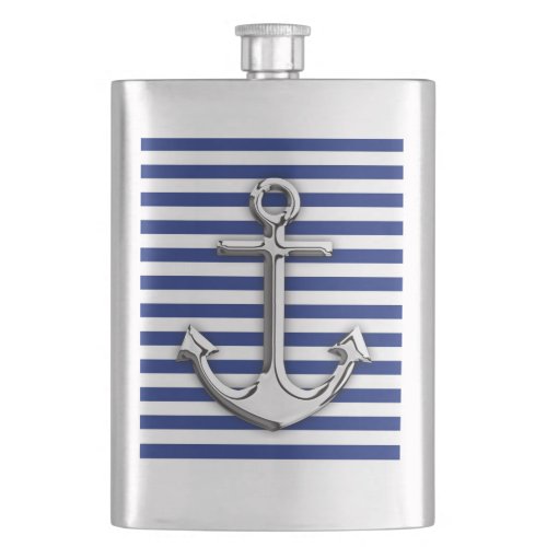 Chrome Anchor on Navy Stripes Print Flask