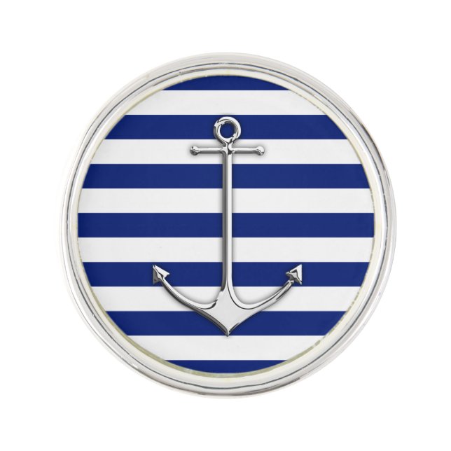 Chrome Anchor on Navy Stripes Print Lapel Pin (Front)