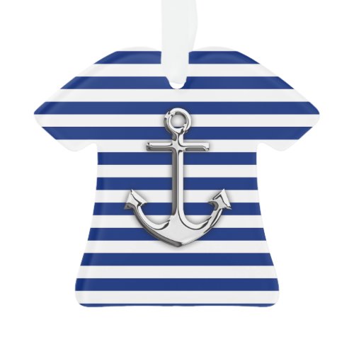 Chrome Anchor on Navy Stripes Print Ornament