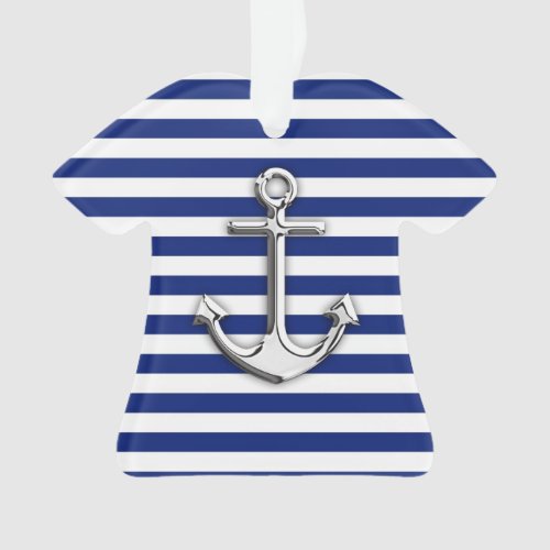Chrome Anchor on Navy Stripes Print Ornament