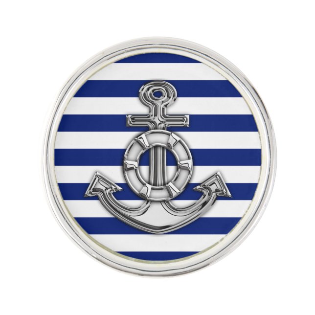 Chrome Anchor on Navy Stripes Print Pin (Front)