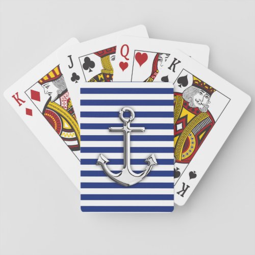 Chrome Anchor on Navy Stripes Print Playing Cards