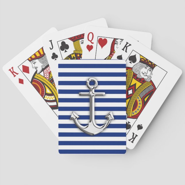 Chrome Anchor on Navy Stripes Print Poker Cards (Back)