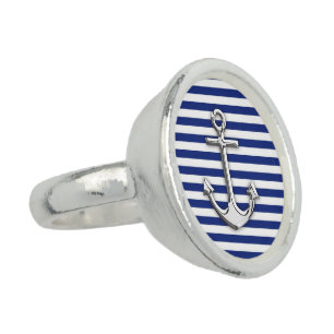 Chrome Anchor on Navy Stripes Ring
