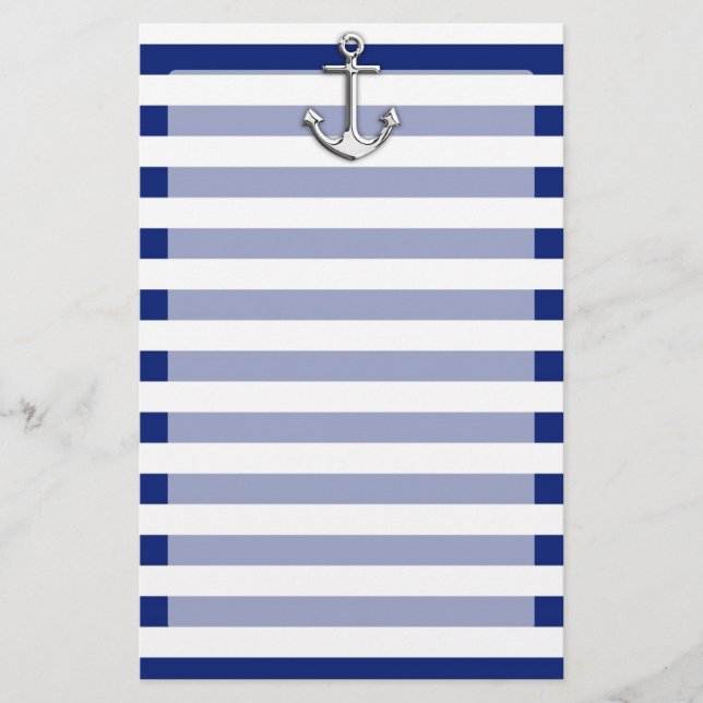 Chrome Anchor on Navy Stripes Stationery (Front)