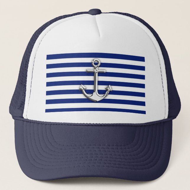 Chrome Anchor on Navy Stripes Trucker Hat (Front)