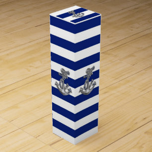 Chrome Anchor on Navy Stripes Wine Box