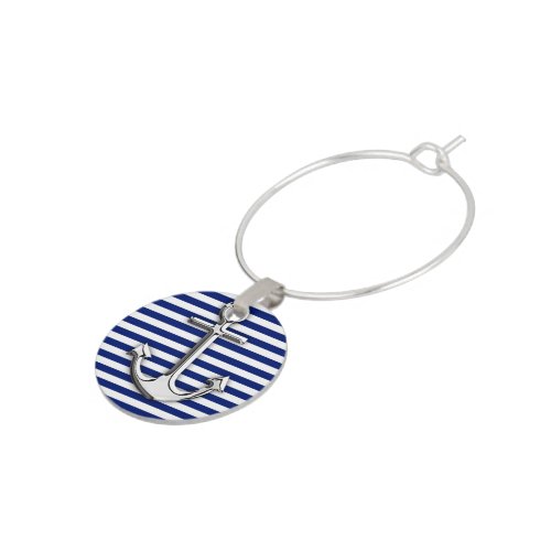 Chrome Anchor on Navy Stripes Wine Charm