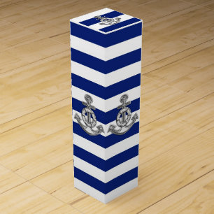 Chrome Anchor on Navy Stripes Wine Gift Box