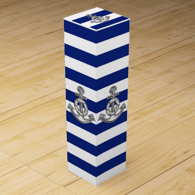 Chrome Anchor on Navy Stripes Wine Gift Box (Front)