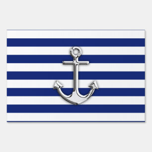 Chrome Anchor on Navy Stripes Yard Sign