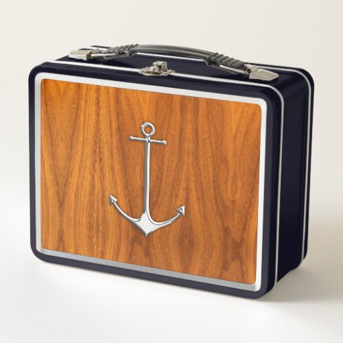 Chrome Anchor on Teak Veneer Nautical Lifestyle Metal Lunch Box
