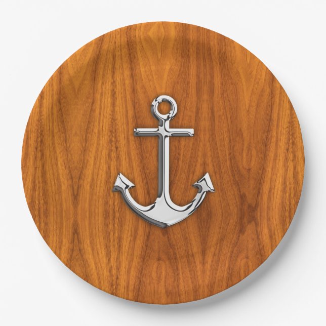 Chrome Anchor on Teak Veneer Style Paper Plates (Front)