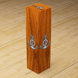 Chrome Anchor on Teak Wood Veneer Print Wine Box