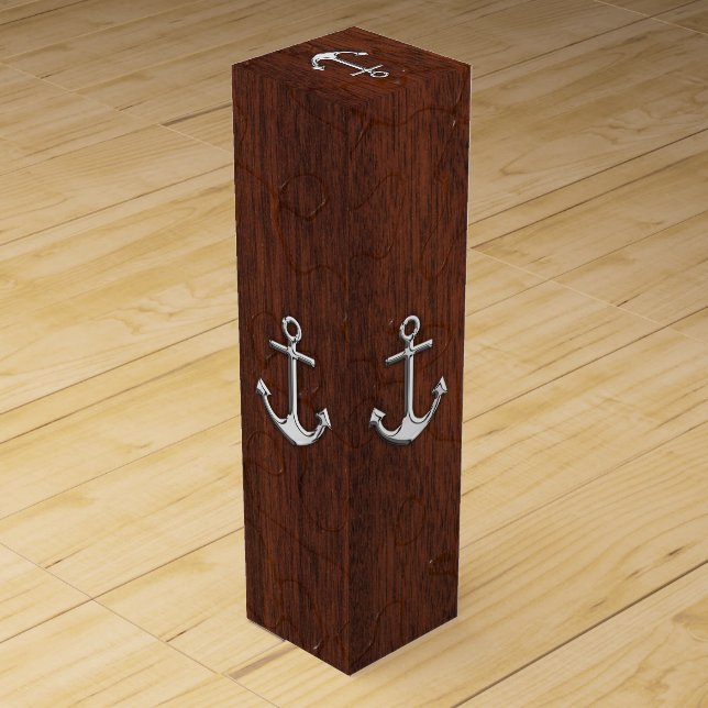 Chrome Anchor on Wet Mahogany Veneer Print Wine Box (Back)