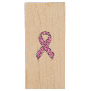Chrome and Crystals Pink Ribbon Awareness Knit Wood USB Flash Drive