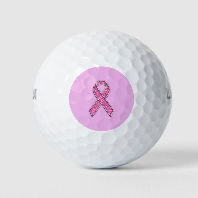 Chrome and Glitter Style Pink Ribbon Awareness Golf Balls (Front)
