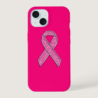 Chrome and Glitter Style Pink Ribbon Awareness iPhone 15 Case
