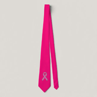 Chrome and Glitter Style Pink Ribbon Awareness Neck Tie