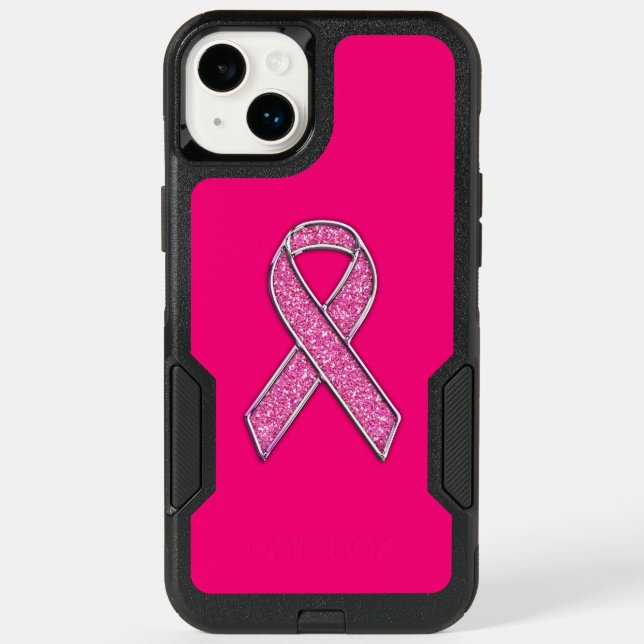 Chrome and Glitter Style Pink Ribbon Awareness Otterbox iPhone Case (Back)