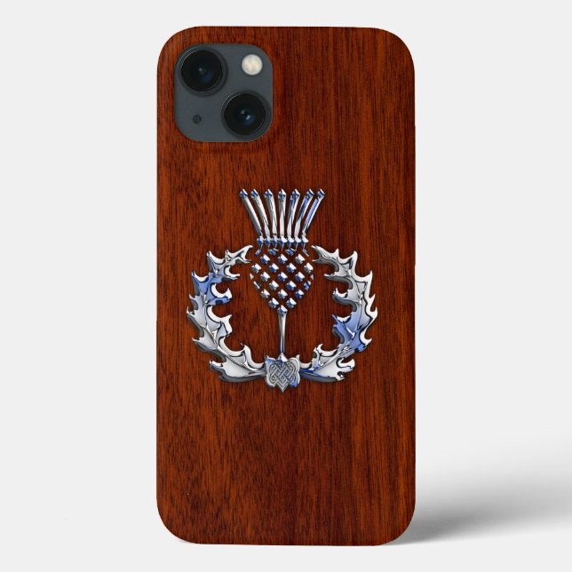 Chrome and Mahogany Wood Styles Scottish Thistle Case-Mate iPhone Case (Back)